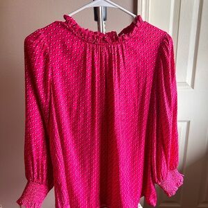 CAROLINA BELLE Pink Black White Polka Dot Ruffle Neck Long Sleeve Blouse Large